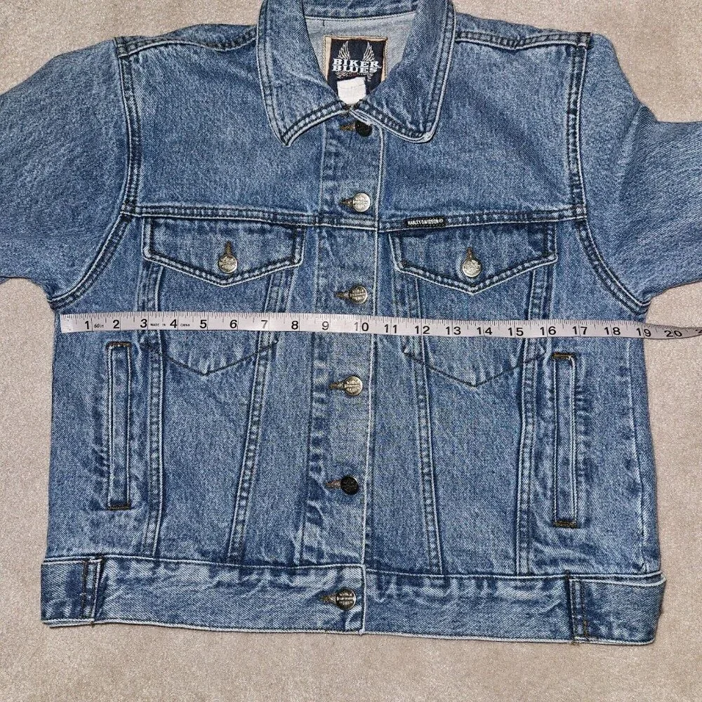 Biker Blues Harley Davidson Cropped Denim Jacket Embroidered Flags Ladies Small - Picture 8 of 14